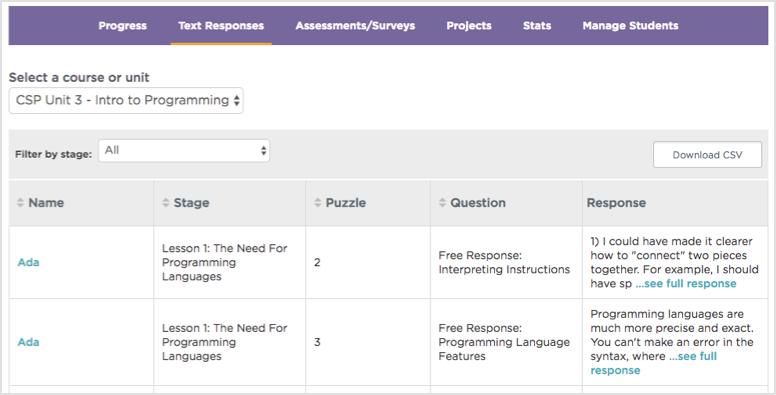 Viewing student progress Code